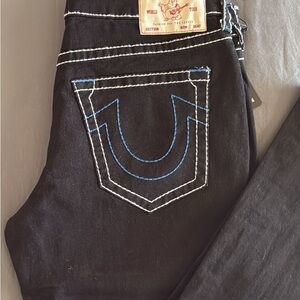 True Religion Men's Black Jeans with Blue and White Stitching